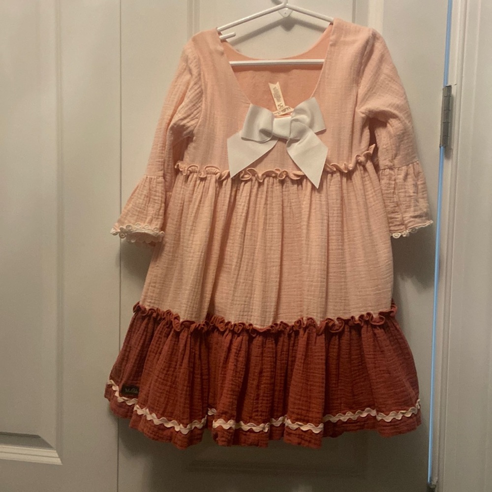 Matilda Jane Peach & Rust Tiered Dress with Bow Size 6